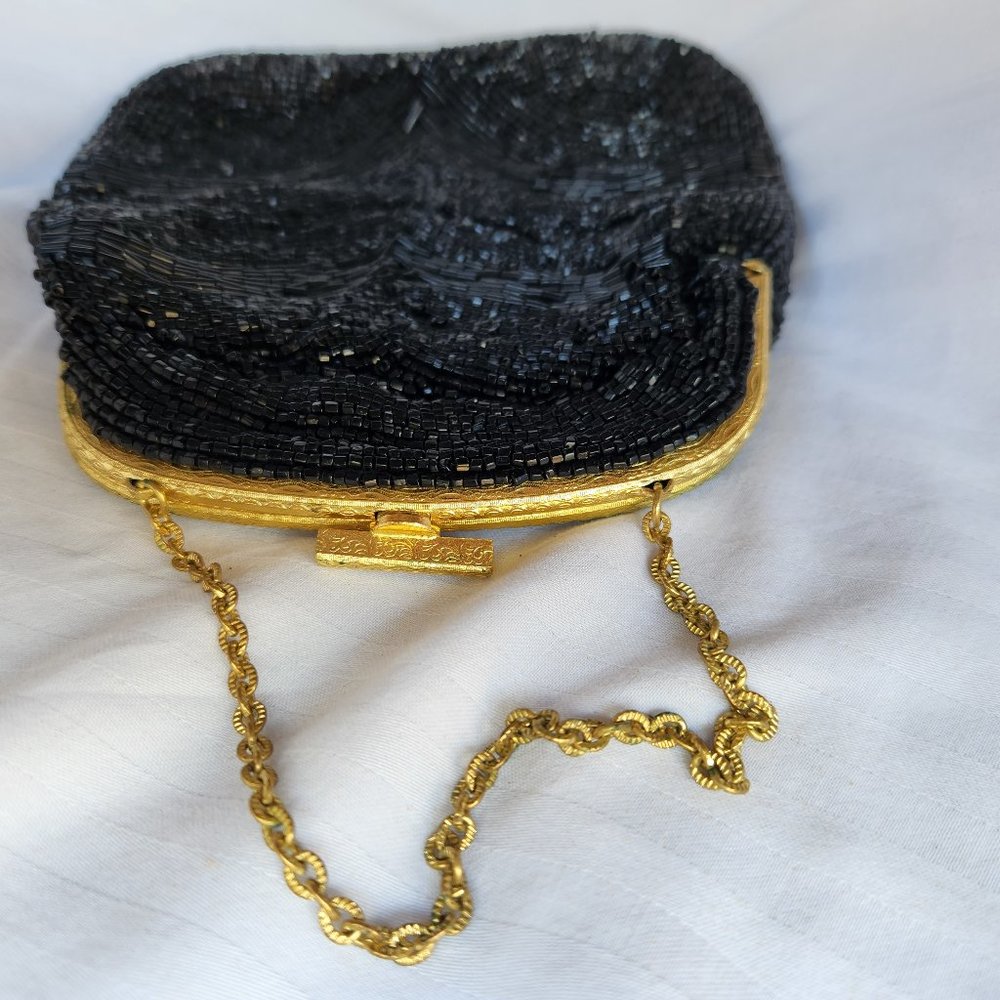 Vintage Beaded Black Art Deco Clam Shell Gold Clutch evening bag purse